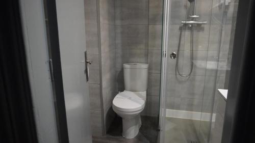 a small bathroom with a toilet and a shower at Hotel Senhor de Matosinhos in Matosinhos