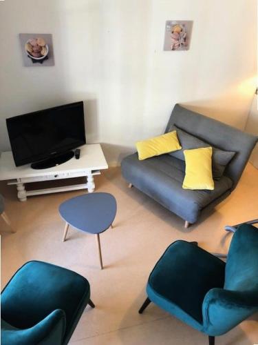 un salon avec un canapé, des chaises et une télévision dans l'établissement Résidence Ferme De Louise - FERME DE LOUISE Appartement 6/8 personnes MAE-3864, à Guchen