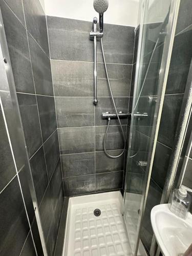 La salle de bains est pourvue d'une douche, de toilettes et d'un lavabo. dans l'établissement Charming Apartment in Paris, à Bagnolet