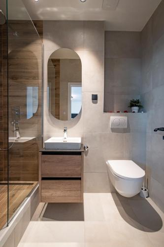 a bathroom with a sink and a toilet and a mirror at Sinfonia Lux 1205 in Sajmište