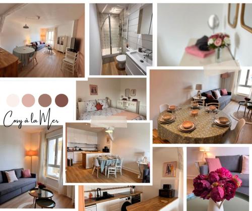 a collage of photos of a living room and dining room at L'Echappée douce - Mer & Port à pied in Courseulles-sur-Mer