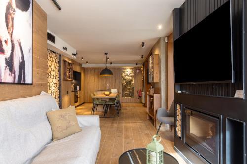 a living room with a fireplace and a tv at CASES CERDANYA MOUNTAIN RESIDENCES in Bellver de Cerdanya