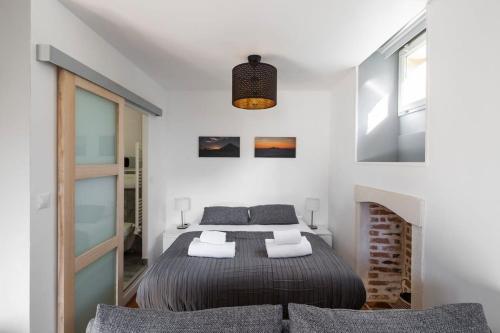 a bedroom with a bed and a fireplace at Le Descartes emplacement idéal - Gare centre in Rennes