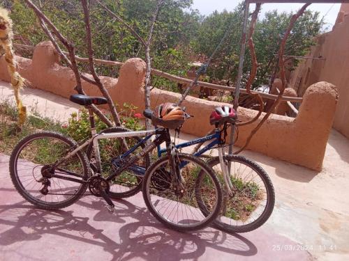 twee fietsen geparkeerd naast elkaar op een veranda bij ECOLODGE MISS ROSE CHEZ LA FAMILLE in Boumalne