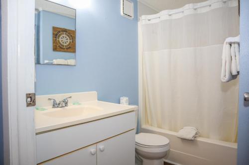 a bathroom with a sink and a toilet and a shower at River Wilderness Waterfront Cabins in Everglades City