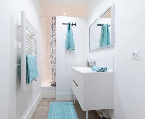 une salle de bain avec un lavabo blanc et un miroir dans l'établissement Le Sauge, Charmant Loft, Clim, Proche Comédie, à Montpellier
