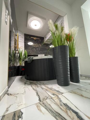 a bathroom with two large black vases with plants at Apartament z jacuzzi - Centrum Szczytna Mazury in Szczytno