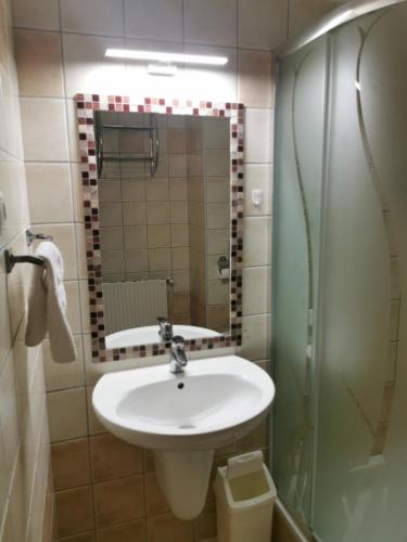 a bathroom with a sink and a shower at Bóbita Apartman in Zalakaros