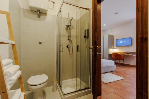 uma casa de banho com um chuveiro e um WC. em Palazzo della Città em Agnone