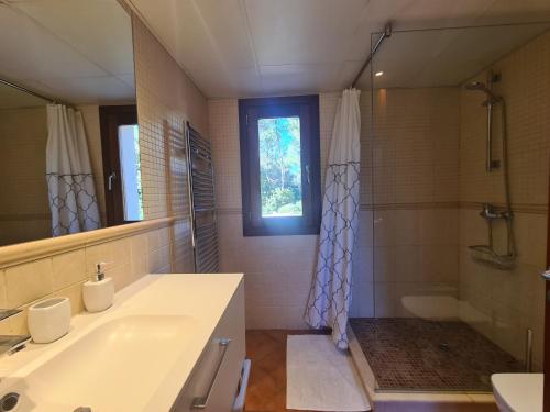 a bathroom with a sink and a shower and a mirror at VILLA JACELIA in Sa Pobla