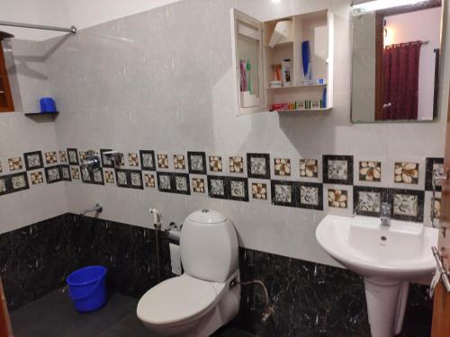 a bathroom with a toilet and a sink at Kuttickattil Gardens Homestay in Kottayam