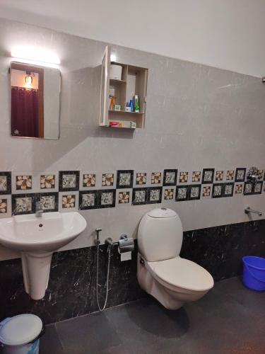 a bathroom with a toilet and a sink at Kuttickattil Gardens Homestay in Kottayam