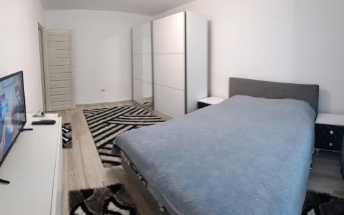 a bedroom with a bed and a tv in it at Piano Apartament in Gura Humorului