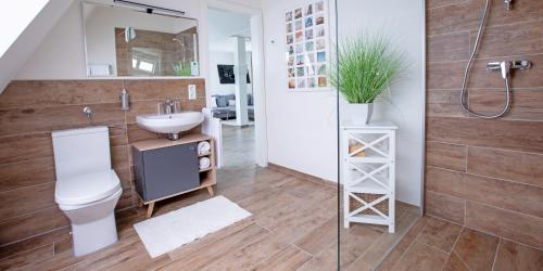 La salle de bains est pourvue de toilettes, d'un lavabo et d'une douche. dans l'établissement Hotel Hangelar, à Sankt Augustin