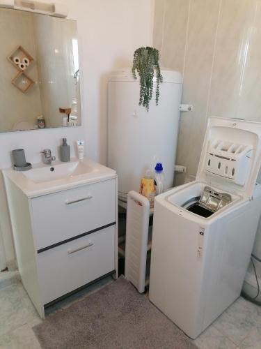 uma pequena cozinha com um lavatório e um frigorífico em L'orientale em Rouvroy