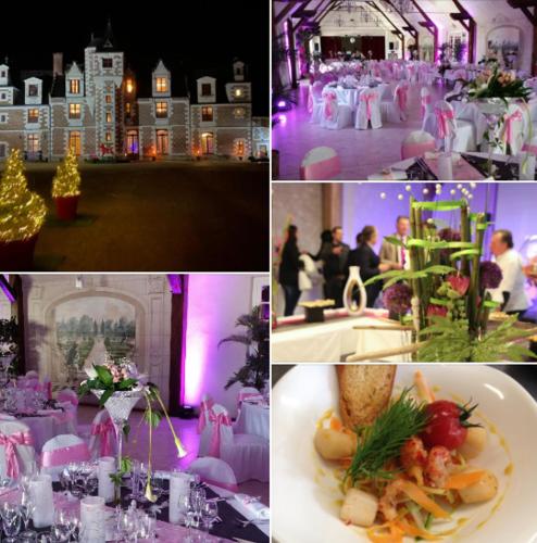 a collage of photos of a wedding with a table set up at Château de Jallanges & Spa à Vouvray - 1h de spa incluse par jour in Vouvray
