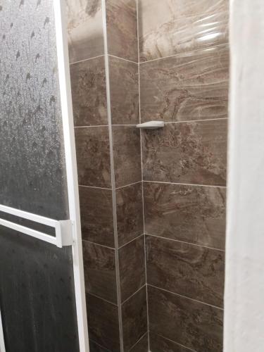 a bathroom with a shower with a glass door at APARTAMENTO PUERTO TRIUNFO ANTIOQUIA in Puerto Triunfo