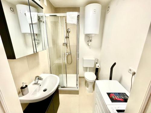 een badkamer met een douche, een wastafel en een toilet bij StayHere Central City Suite 11 - contactless Self-Check-IN in Graz