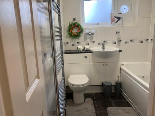 łazienka z toaletą i umywalką w obiekcie New Modern house in Reading with free parking w mieście Caversham