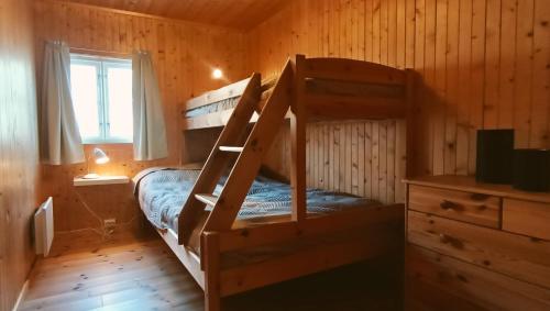 een slaapkamer met een stapelbed in een hut bij Nusfjord Ocean View Rorbu 19 in Ramberg