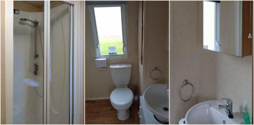 two pictures of a bathroom with a toilet and a sink at CozyCaravanz in Abergele