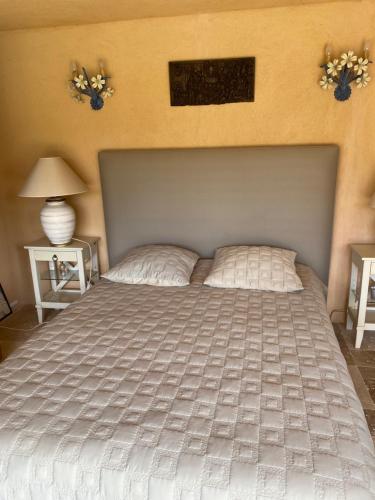 ein Bett mit zwei Kissen darauf in einem Schlafzimmer in der Unterkunft L’oiseau bleu in Cotignac