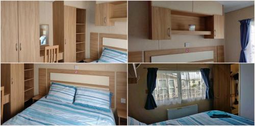 three pictures of a bedroom with a bed and shelves at CozyCaravanz in Abergele
