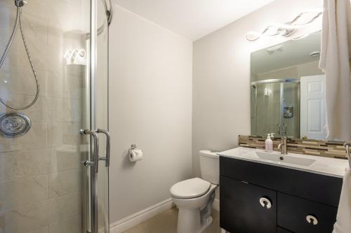 a bathroom with a toilet and a sink and a shower at Niagara Nest - Comfy 1BR and 1BA Close to the Falls in Niagara Falls