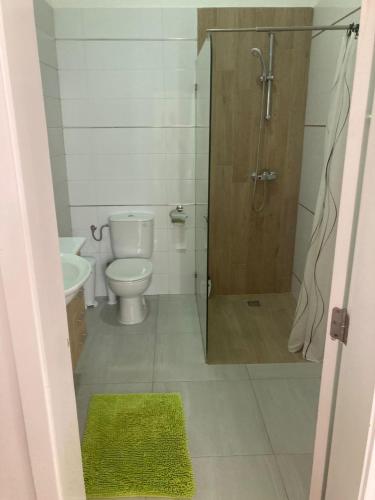 a bathroom with a toilet and a shower with a green rug at Casa Senador in Mindelo