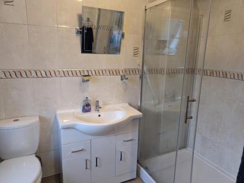 a bathroom with a toilet and a sink and a shower at House in Leeds
