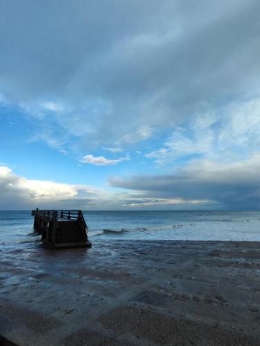 a dock sitting on the shore of a beach at La ferme aux chats in Formigny