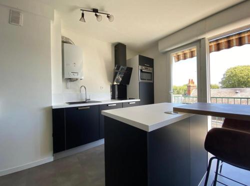 une cuisine avec des appareils en noir et blanc et un comptoir dans l'établissement Vue sur les toits de Tours, à Tours
