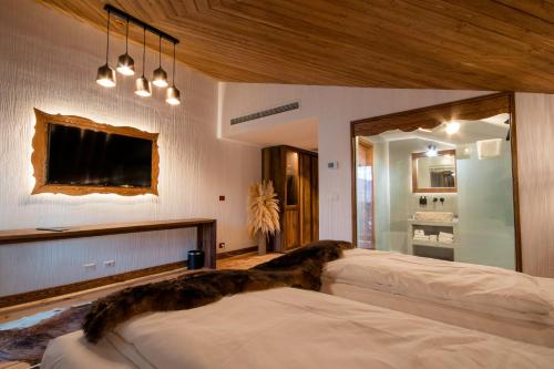 a bedroom with two beds and a tv on the wall at HANUL BUCOVINEI in Câmpulung Moldovenesc