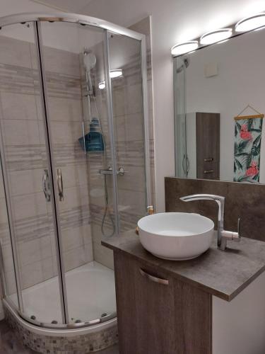 une salle de bain avec une douche avec un lavabo et une baignoire dans l'établissement CAPET LES DAHLIAS - Axelle Loc'Appart, à Sainte-Maxime