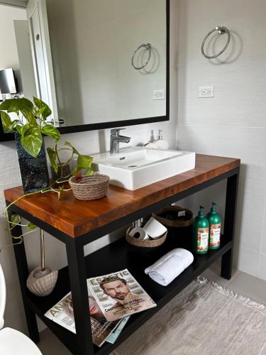 eine Badezimmertheke mit einem Waschbecken und einem Spiegel in der Unterkunft Charming Zen-style Beach apartment at Punta Caelo in San Carlos