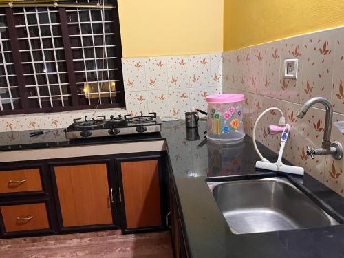 eine Küchenspüle mit einem Wasserhahn und einer Arbeitsplatte in der Unterkunft Manasam Homes in Kunnamangalam