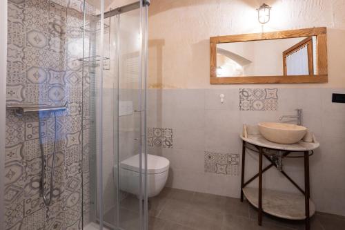a bathroom with a shower and a sink and a toilet at DA TINTI in Madonna del Sasso