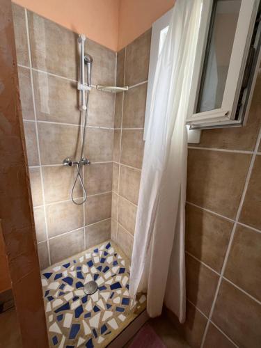 uma casa de banho com um chuveiro com pedras azuis no chão em Studio Le Barcarès Plage 4 personnes em Le Barcarès
