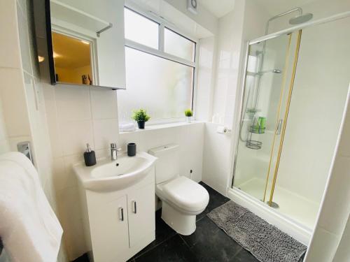 e bagno con servizi igienici, lavandino e doccia. di Luton Luxury Apartment a Luton