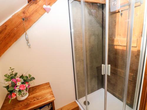 una ducha en una casa pequeña en 1 Mill Farm Cottages, en Narberth