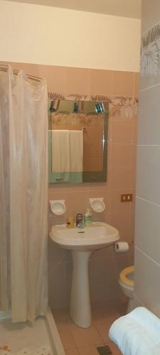 a bathroom with a sink and a mirror and a toilet at "FUERTE " Affittacamere in Montevettolini