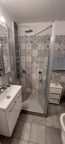 a bathroom with a shower and a sink at Appartement au calme avec balcon proche Genève in Gaillard