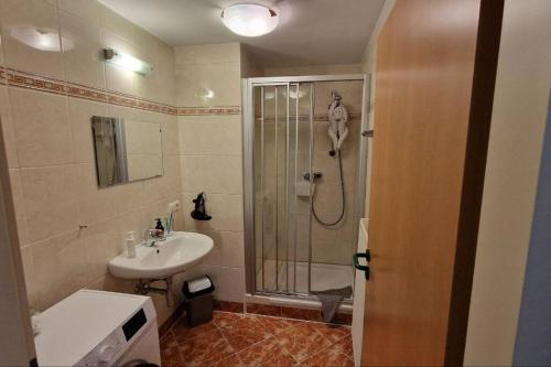 a bathroom with a shower and a sink at Fewo Mima in Oberweissburg