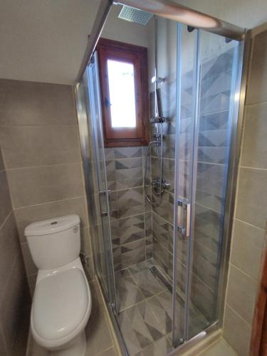 a bathroom with a toilet and a glass shower at natura studios almyros in Almiros Beach