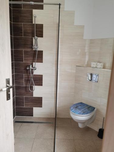 a bathroom with a shower and a toilet at Moderne Unterkunft für Monteure nahe Berlin in Mittenwalde