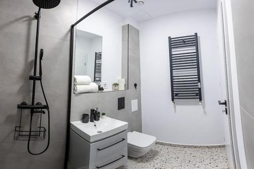 a bathroom with a toilet and a sink and a shower at Royal Family Apartment in Sinaia