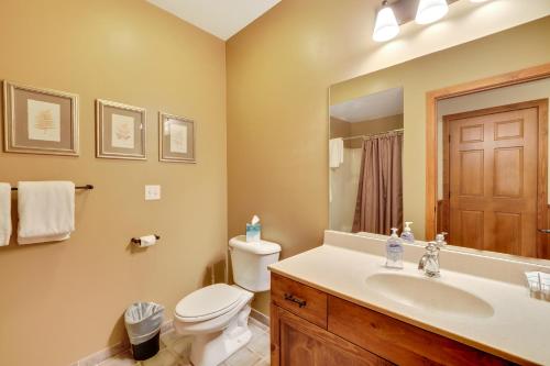 a bathroom with a sink and a toilet and a mirror at 816 Mountain Cabin in Boyne Falls