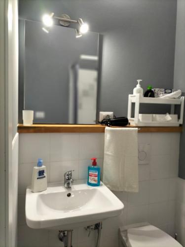 a bathroom with a sink and a toilet and a mirror at Carru de ammentos in Ozieri