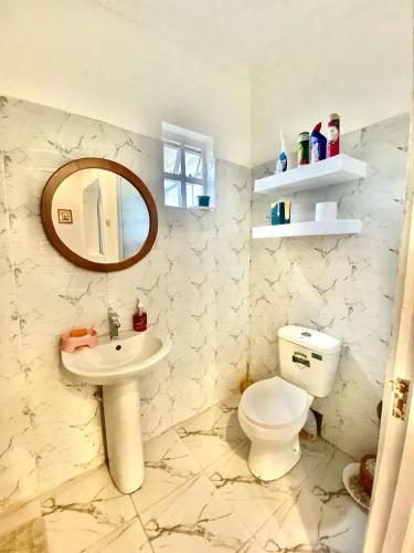 a bathroom with a sink and a toilet and a mirror at Kiamboni in Nakuru