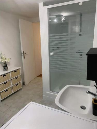 La salle de bains est pourvue d'une douche et d'une baignoire blanche. dans l'établissement Gîte Au clair de lune, à Châtillon-sur-Cher